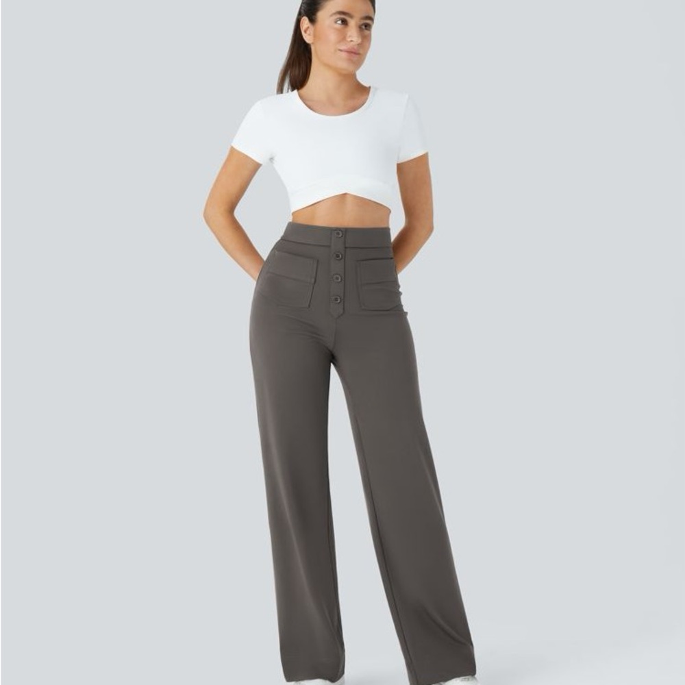 HALARA High Waisted Button Multiple Pockets Straight Leg Casual Pants